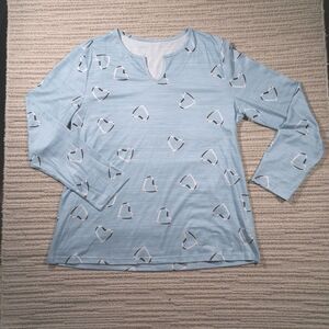 ​Blue Heart Print Notch Neck Long Sleeve Shirt Women’s Large Polyester Spandex